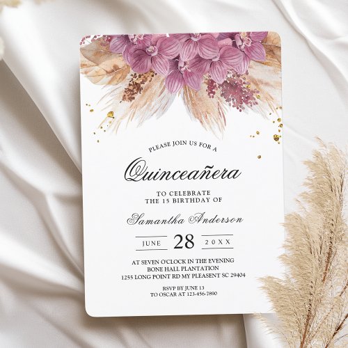 Modern Elegant Beauty Pink Orchid  Pampas  Gold  Invitation