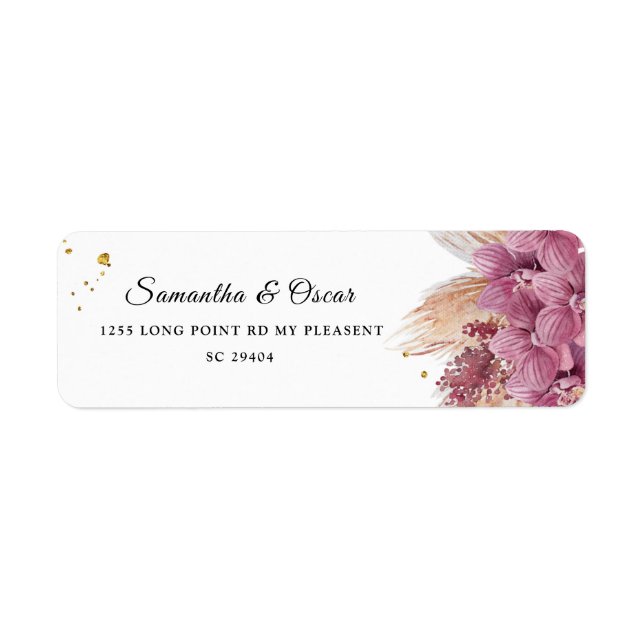 Modern Elegant Beauty Pink Orchid & Pampas & Gold  Label (Front)