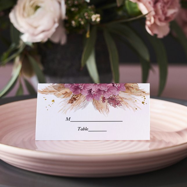 Modern Elegant Beauty Pink Orchid & Pampas & Gold  Place Card (Creator Uploaded)