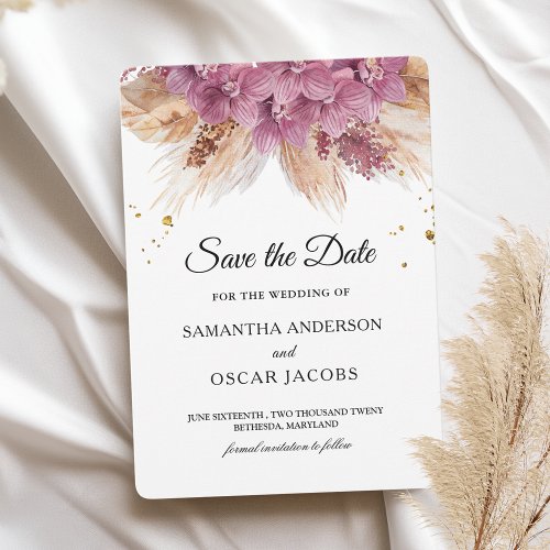 Modern Elegant Beauty Pink Orchid  Pampas  Gold  Save The Date