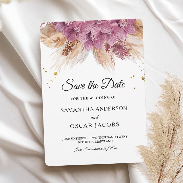 Modern Elegant Beauty Pink Orchid & Pampas & Gold  Save The Date (Creator Uploaded)