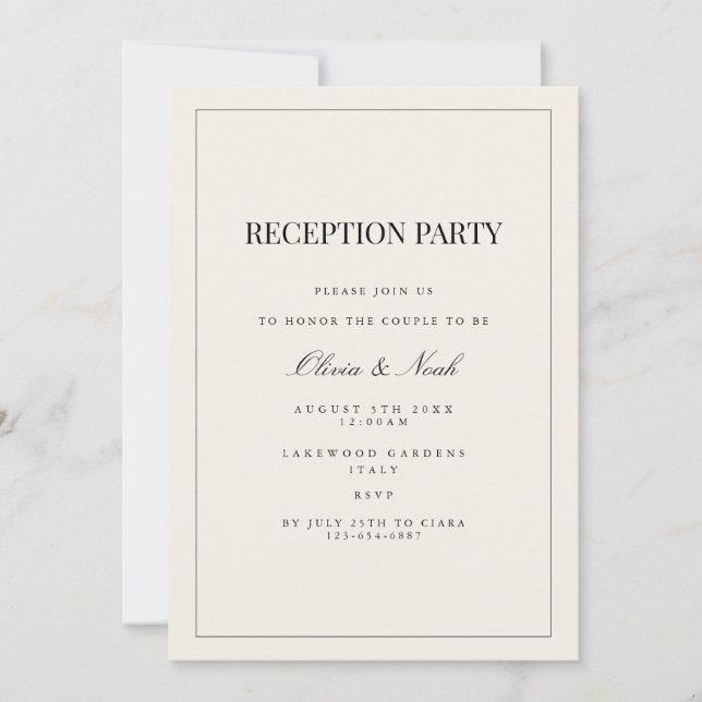 Modern & Elegant Beige Reception Invitation Card (Front)