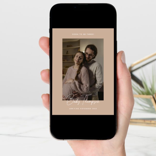 Modern Elegant Beige Script Photo Pregnancy Announcement (Front Digital)