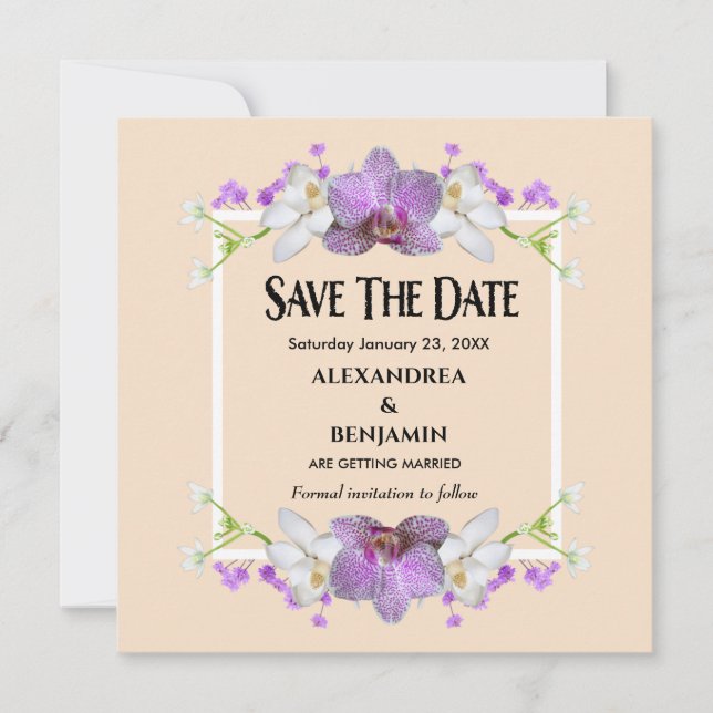 Modern Elegant Beige White Flowers Personalize    Save The Date (Front)