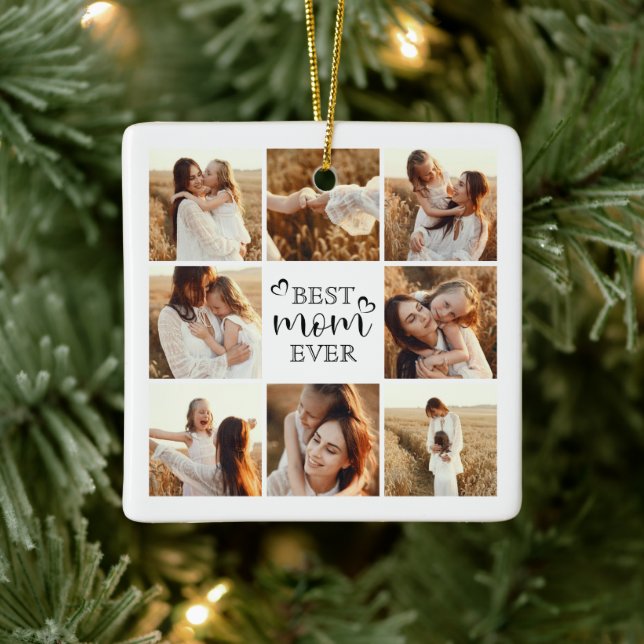 Modern Elegant Best Mom Ever Cute Photo Collage Ceramic Ornament (Tree)