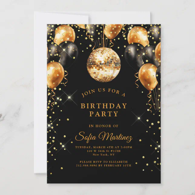 Modern Elegant Birthday Party Black Gold Invitation | Zazzle