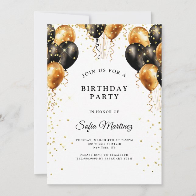 Modern Elegant Birthday Party Black Gold  Invitation (Front)