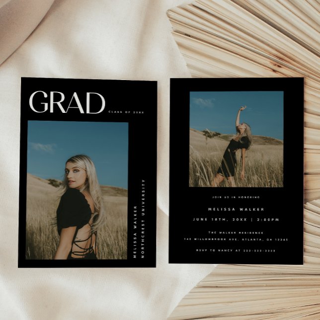 Modern Elegant Black 2-Photo Graduation Party Invitation (Creator Uploaded)