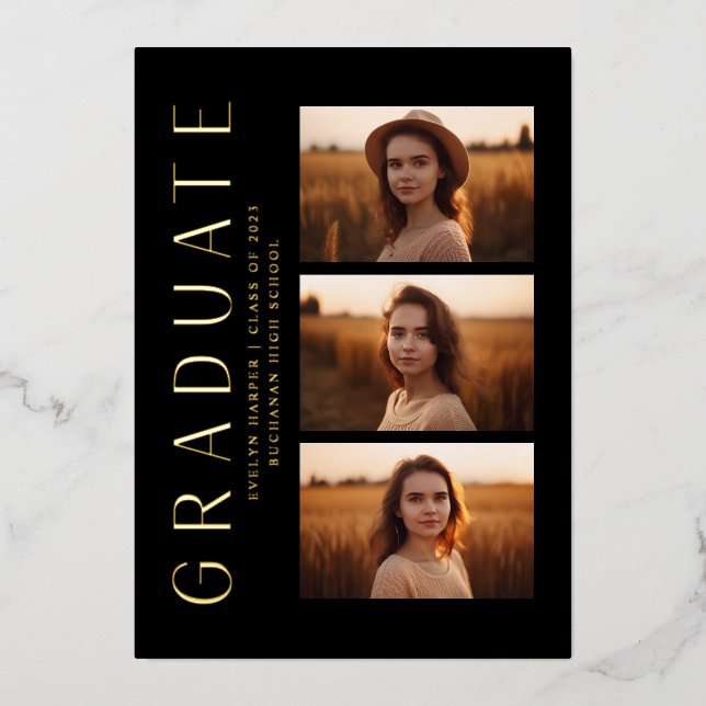 Modern Elegant Black 4 Photo Graduation Party Foil Invitation (Front)