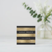 Modern Elegant Black and Faux Gold Foil Stripes Square Business Card (Standing Front)