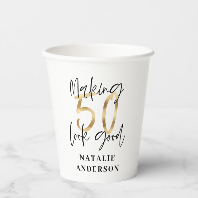 modern elegant black and gold 50th birthday party paper cups (Front)
