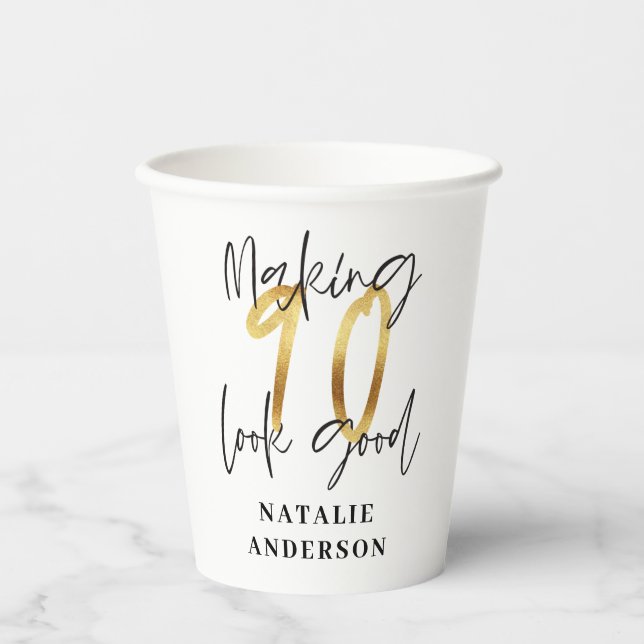 modern elegant black and gold 90th birthday party paper cups (Front)