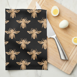 Modern Elegant Black and Gold Bee Pattern Kitchen  Towel