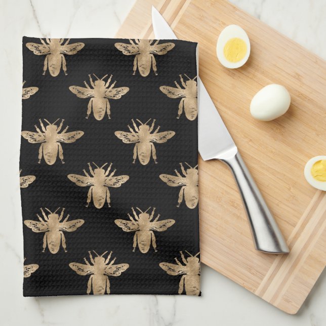 Modern Elegant Black and Gold Bee Pattern Kitchen  Towel (Quarter Fold)