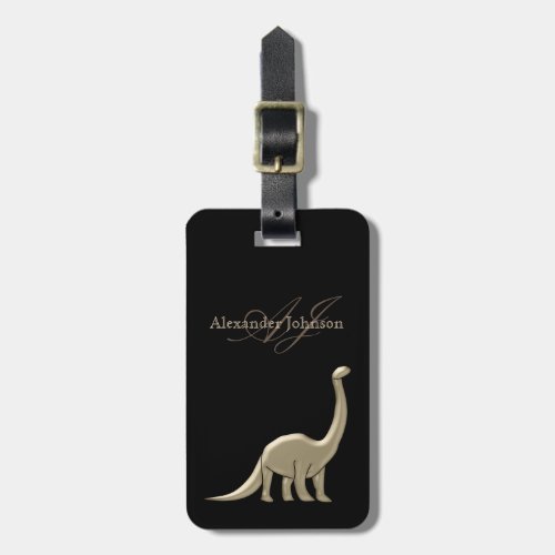 Modern Elegant Black and Gold Dinosaur Monogram Luggage Tag