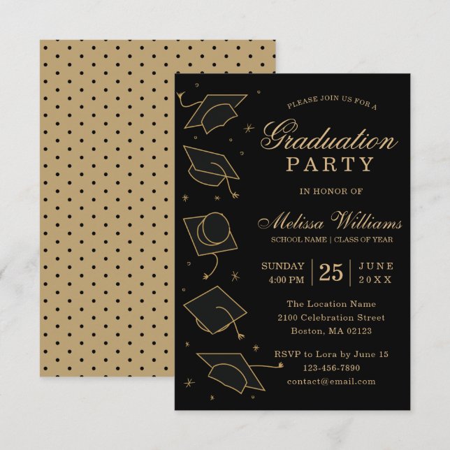 Modern Elegant Black and Gold Graduation Party Invitation (Front/Back)