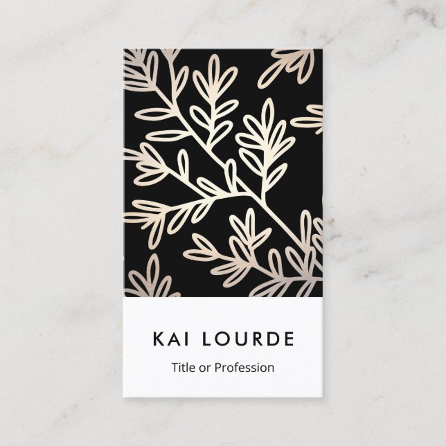 Modern Elegant Black and Gold  Leaf Pattern Business Card (Front)