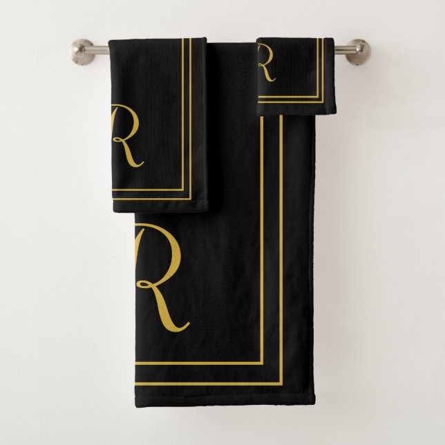 Modern Elegant Black and Gold Monogram Bath  Towel Set (Insitu)