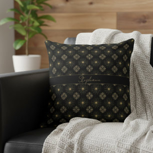 Modern Elegant Black And Gold Monogram Name Throw Pillow