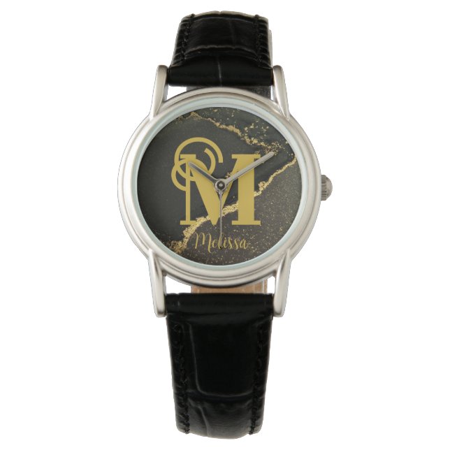 Modern Elegant Black and Gold Monogram name  Watch (Front)