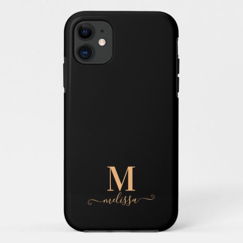 Modern Elegant Black and Gold Monogrammed iPhone 11 Case
