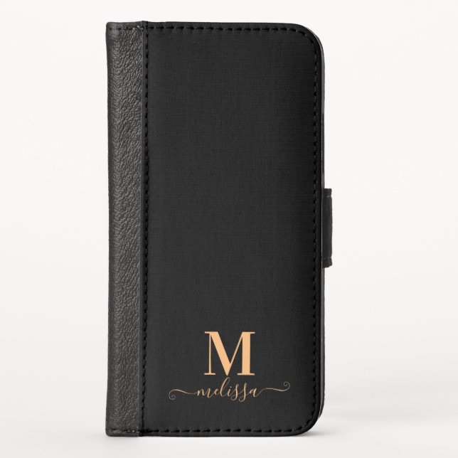Modern Elegant Black and Gold Monogrammed iPhone Wallet Case (Front)