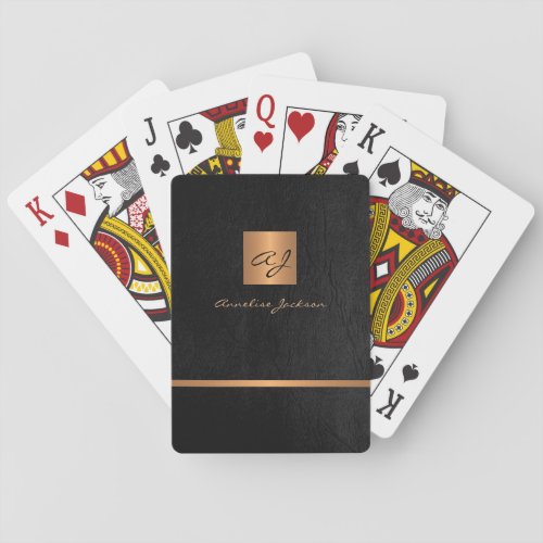 Modern elegant black and gold monogrammed leather poker cards