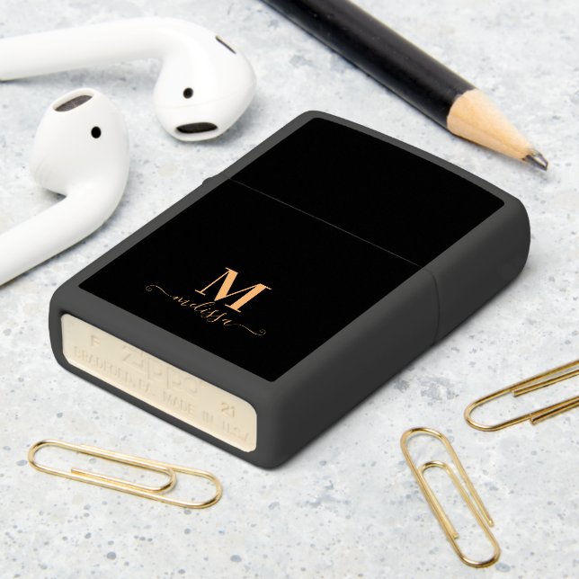Modern Elegant Black and Gold Monogrammed Zippo Lighter (On Table 2)