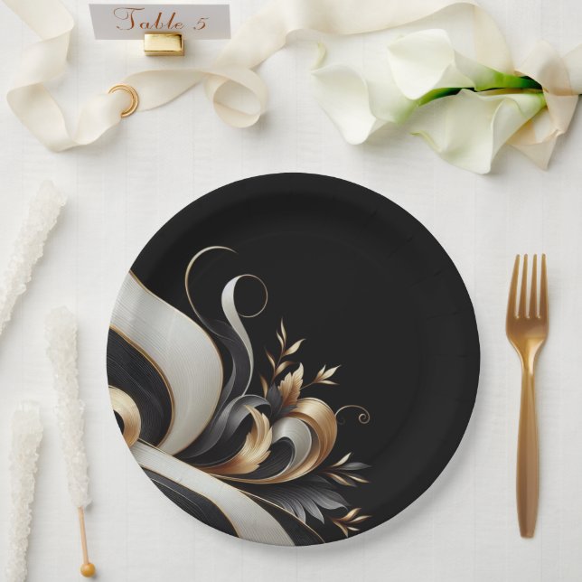 Modern Elegant Black and Gold  Paper Plates (Wedding)