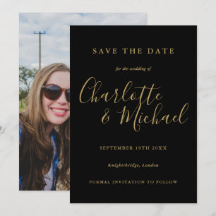 Modern Elegant Black And Gold Script Photo Save The Date