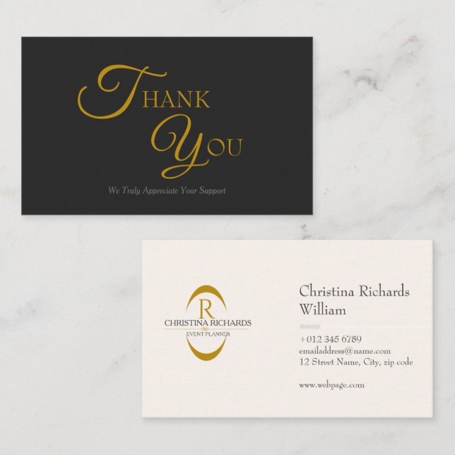 Modern Elegant Black and Gold Thank You Card (Front/Back)