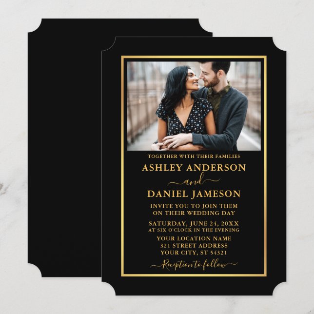 Modern Elegant Black and Gold Ticket Style Wedding Invitation (Front/Back)