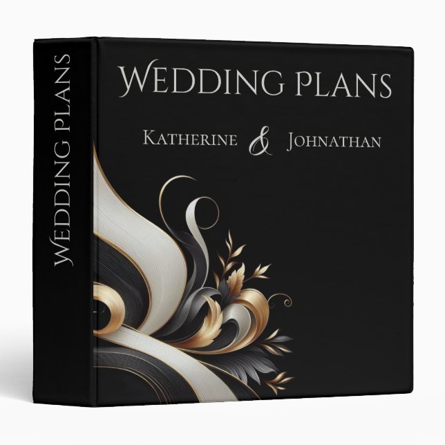 Modern Elegant Black and Gold Wedding 3 Ring Binder (Front/Spine)