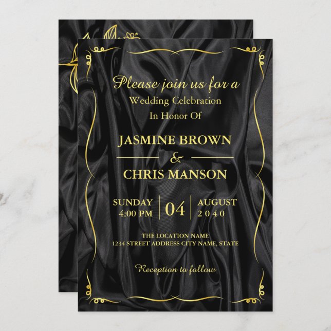 Modern Elegant Black And Gold Wedding Invitation (Front/Back)