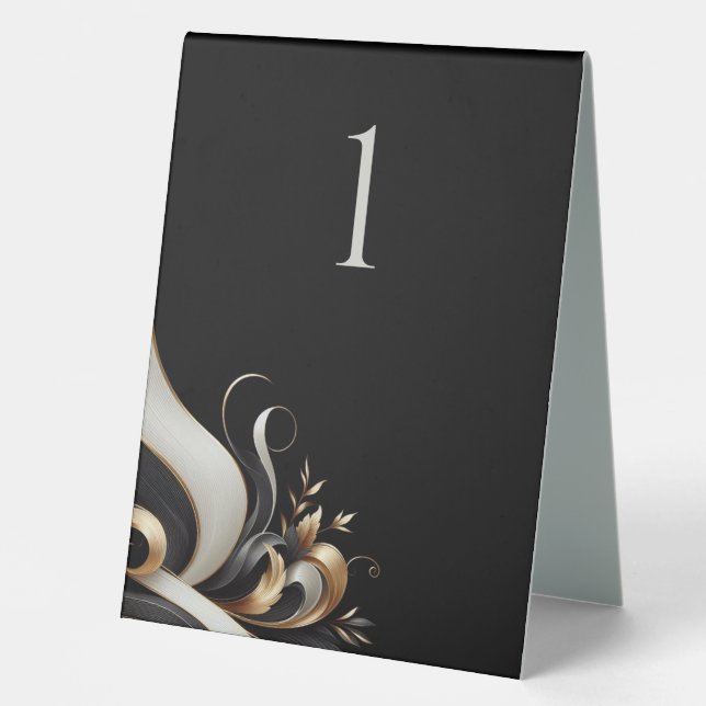 Modern Elegant Black and Gold Wedding Table Tent (Front)