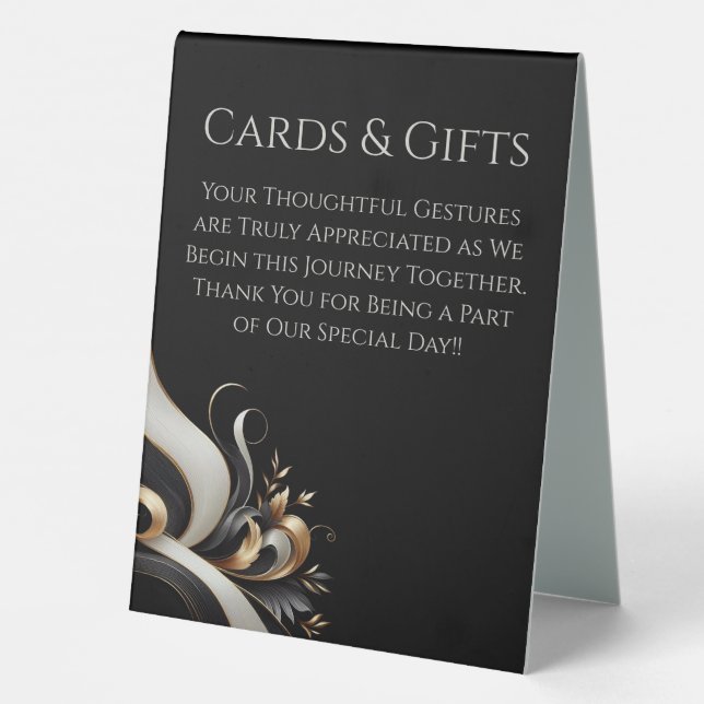 Modern Elegant Black and Gold Wedding Table Tent (Back)