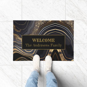 Modern Elegant Black and Gold Welcome Doormat