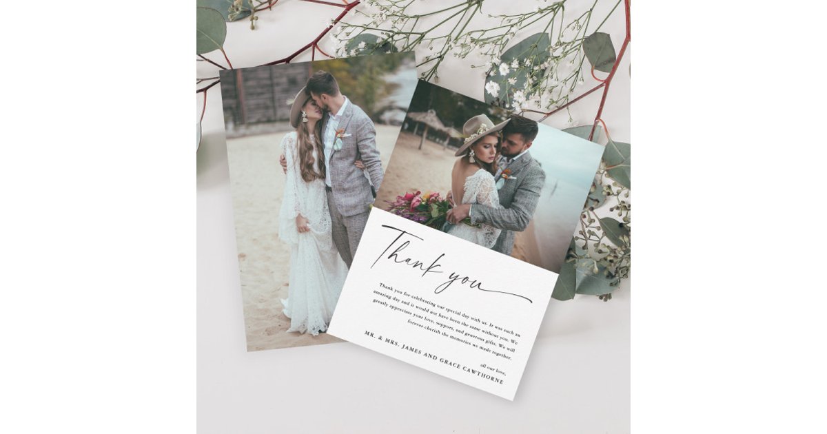 Modern Elegant Black and White 2 Photo Wedding Thank You Card | Zazzle