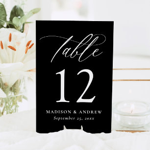 Modern Elegant Black and White Calligraphy Wedding Table Number