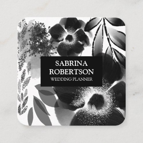 Modern Elegant Black and White Floral Pattern  Square Business Card