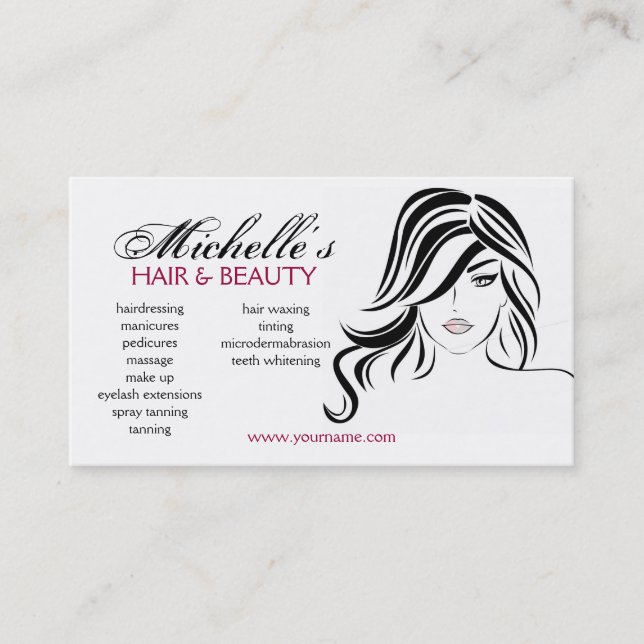 Modern Elegant Black and White Girly Hair Stylist  Business Card (Front)