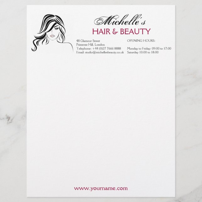 Modern Elegant Black and White Girly Hair Stylist  Letterhead (Front)