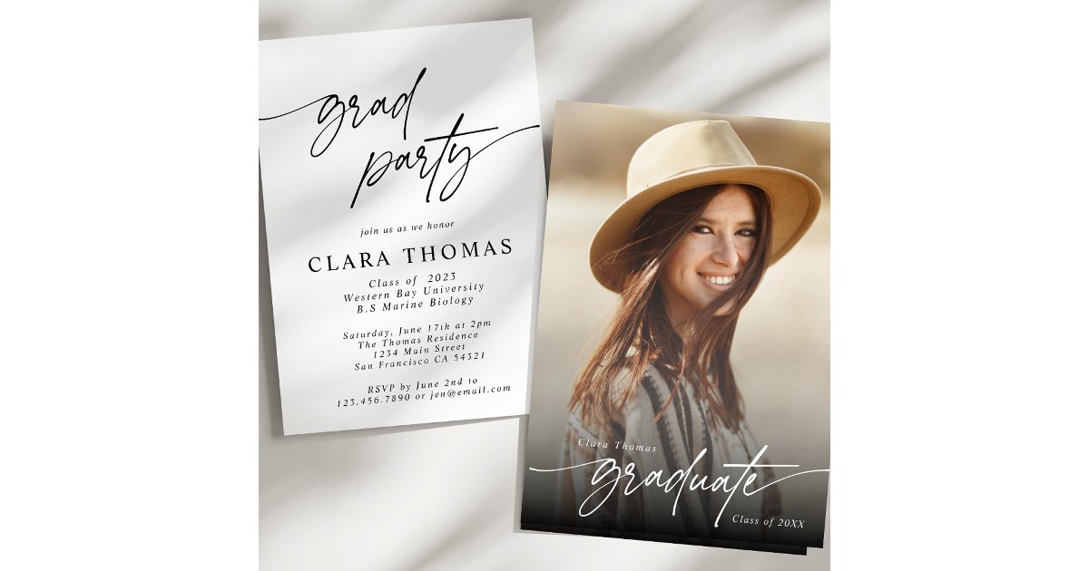 Modern Elegant Black and White Grad Party Photo Invitation | Zazzle