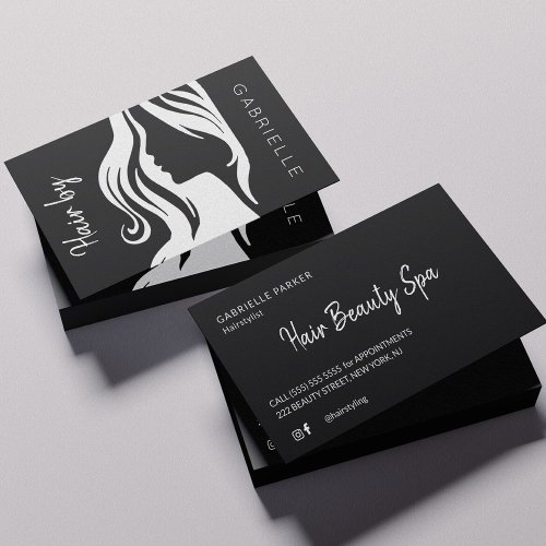 Modern elegant black and white hair stylist business card