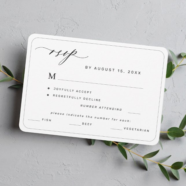 Modern elegant black and white meal choice wedding RSVP card (Creator Uploaded)