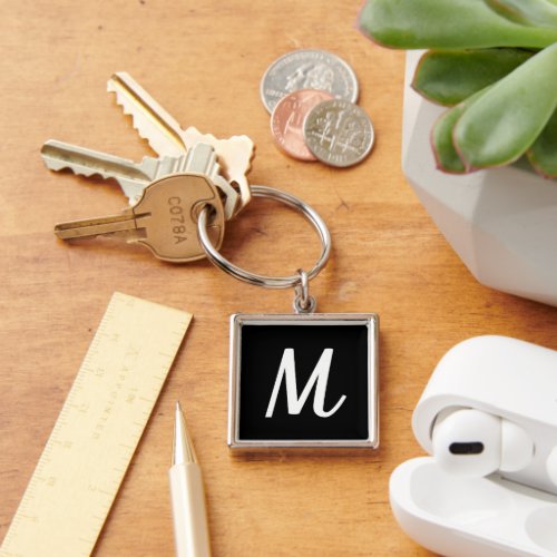 Modern Elegant Black and White Monogram Keychain