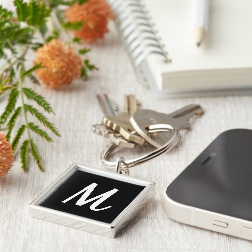 Modern Elegant Black and White Monogram Keychain