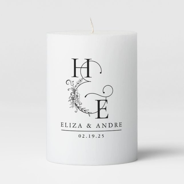 Modern Elegant Black and White Monogram Pillar Candle (Front)
