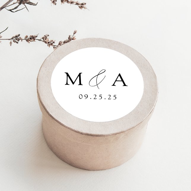 Modern Elegant Black and White Monogram Wedding Classic Round Sticker (Creator Uploaded)