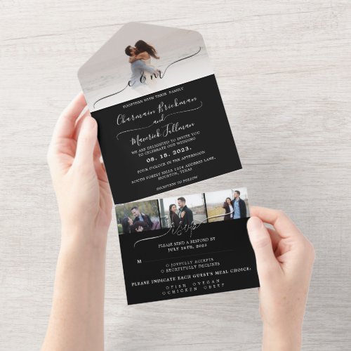 Modern Elegant black and white Photo RSVP Wedding All In One Invitation